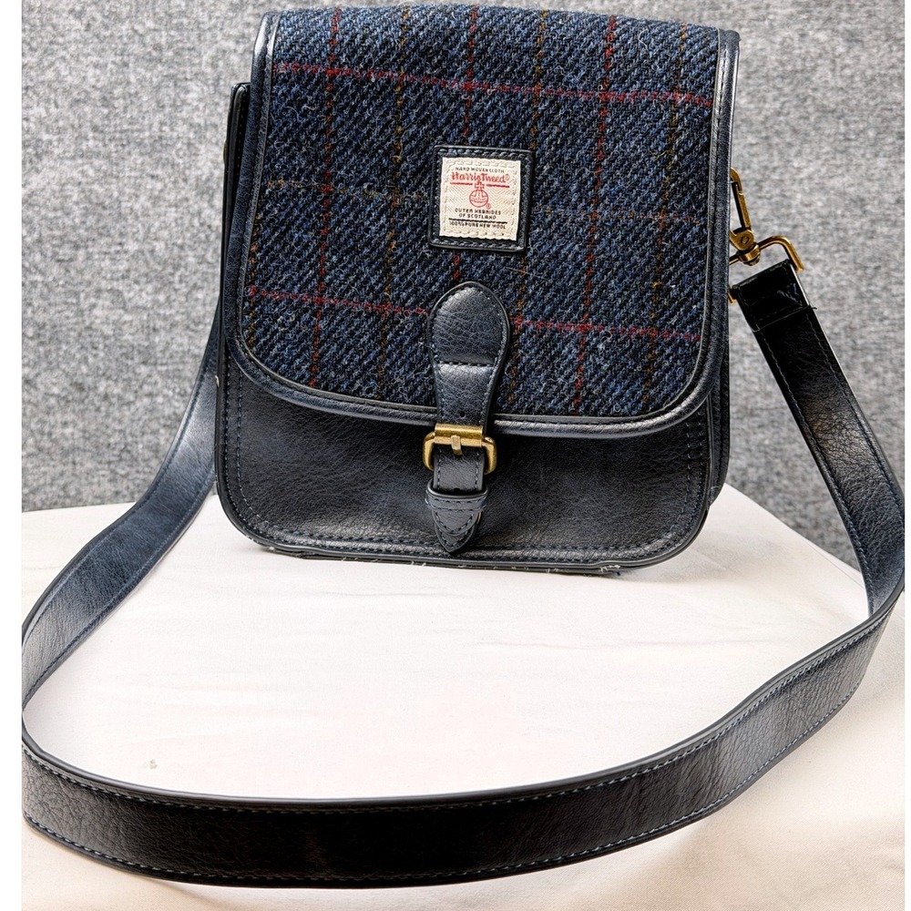 Harris Tweed Wool Plaid Satchel Bag Saddle Purse Leather Blue Highland Scotland